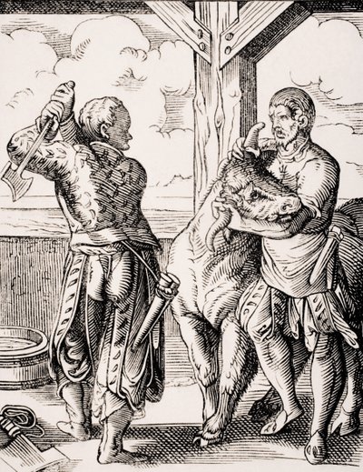 《屠夫和他的助手》，约斯特·安曼 (Jost Amman，1539-91 年) 的 16 世纪版画复制品，摘自保罗·拉克鲁瓦 (Paul Lacroix，1806-84 年) 的《Le Moyen Age et La Renaissance》，1847 年出版（平版印刷） 作者 约斯特（后）安曼