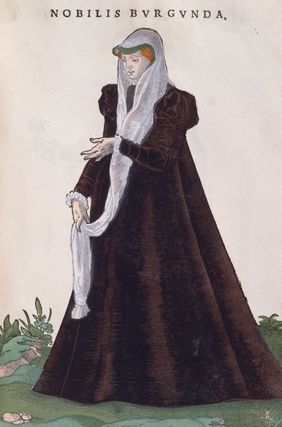 穿着传统服装的勃艮第贵族妇女，来自Habitus praecipuorum popularum的雕刻品 作者 约斯特安曼