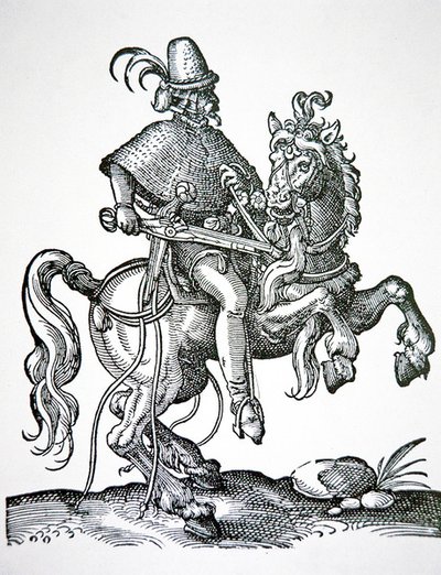 拿着轮锁手枪的马兵，来自 "Kunstbuchlin "的插图 作者 约斯特安曼