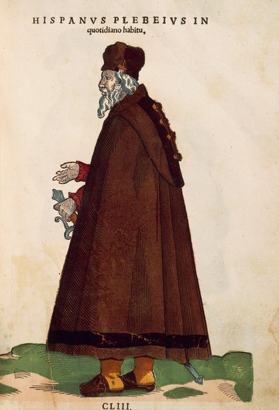 穿着日常服装的西班牙人，来自Jost Amman的Habitus Praecipuorum Popularum，雕刻。 作者 约斯特安曼