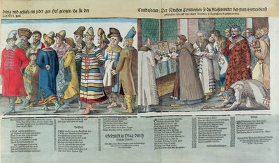 俄罗斯伊万四世大使馆（1530-84）于1576年在雷根斯堡为神圣罗马帝国皇帝（彩色木刻）（详情） 作者 约斯特安曼