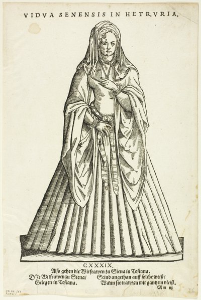 Vidua Senensis in Hetruria（托斯卡纳锡耶纳的寡妇），选自 H. Weigel 的 Trachtenbuch，图版 51，选自 XVI 世纪书籍中的木刻作品 作者 约斯特安曼