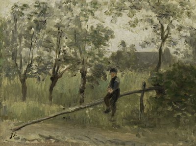 杆障上的乡村男孩 作者 以色列的约瑟夫 (1824-1911)