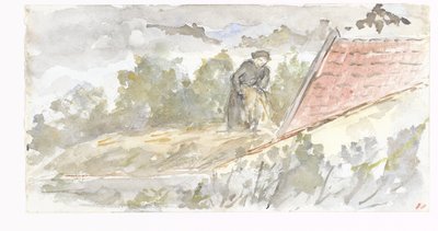 风景与女人和房子的屋顶 作者 约瑟夫·以色列