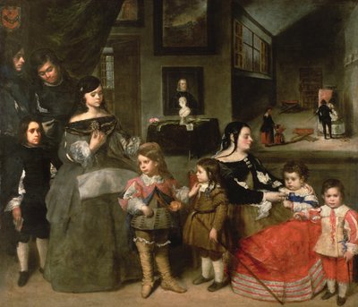 艺术家家庭，左边是艺术家与Diego Velasquez，Gaspar，Melchior，Baltasar和Maria Teresa的女儿结婚的四个孩子;右边是他的第二任妻子弗朗西斯 作者 Juan Bautista Martinez Del Mazo