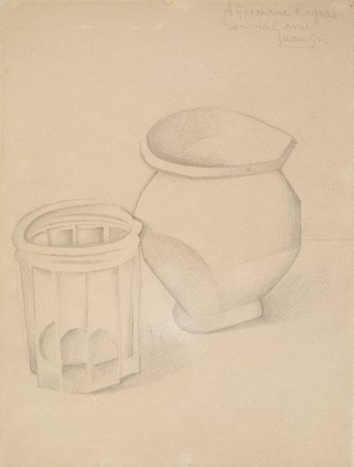 玻璃和花瓶，c.1911（编织纸上的石墨） 作者 胡安·格里斯