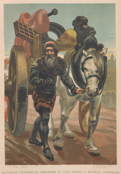 约翰内斯-古腾堡离开斯特拉斯堡。来自：La ciencia y sus hombres, 1879. 作者 胡安·普拉内拉·罗德里格斯