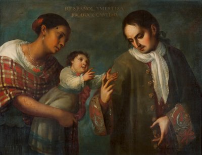 一个西班牙人和一个梅斯蒂索妇女带着他们的孩子，一个 "卡斯蒂索"。 作者 Juan Rodríguez Juárez
