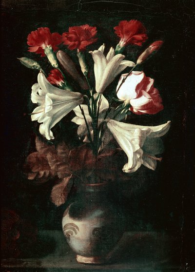 花瓶中的百合和康乃馨 作者 胡安·德·祖尔巴兰 (Juan de Zurbaran)