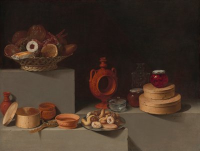 糖果和陶器的静物，1627年。 作者 胡安·范德·哈曼·利昂