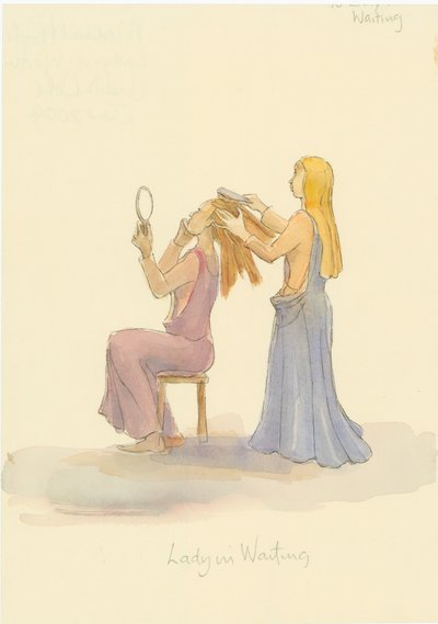 一位中世纪的女侍者，为一位女士梳理头发，2004年。 作者 朱迪思·多比