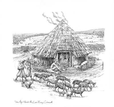 铁器时代圆屋外的农民和一群山羊，约1990-2010年 作者 朱迪思·多比