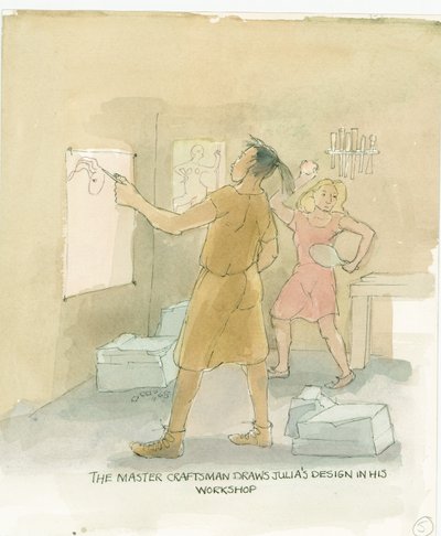 工匠大师为朱莉娅的马赛克地板画出设计图，2003年。 作者 朱迪思·多比