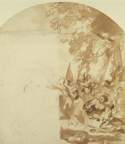 Claudius Civilis离开妇女和儿童在Xanten战斗（笔和棕色墨水在铅笔在纸上）（未完成） 作者 于尔根烤箱