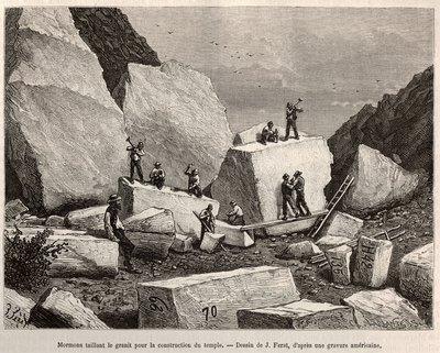 摩门教徒为建造圣殿而雕刻花岗岩。根据J.Ferat的画作进行的雕刻，为故事《La conquete blanche》作插图，作者William Hepworth Dixon，1875年，发表于《Le tour du monde》1876年，Edouard Charton编辑，Hachette版，巴黎 作者 儒勒（之后）费拉特