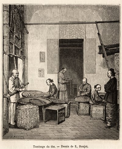 The screening of the gunpowder, to sort by sieves the granules according to their size and quality before the last drying that gives them their perfume, in a gunpowder factory in Fati Bay (Canton Province), engraving after a drawing by J. Ferat illustratin 作者 儒勒（之后）费拉特