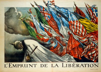 第一次世界大战："借用解放"，威廉二世（1859 - 1941）在盟军旗帜下鞠躬。插图：阿贝尔-法伊夫尔（1867-1945）。 作者 朱尔斯·亚伯·费弗尔