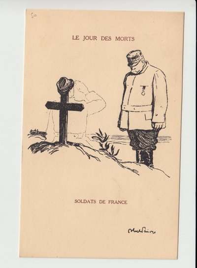 明信片，Satirique en N & B，约1915年。亡灵节--14-18战争，哀悼 Obseques Funerailles - Joffre, 士兵 插图：Abel Faivre (1867-1945) 作者 朱尔斯·亚伯·费弗尔