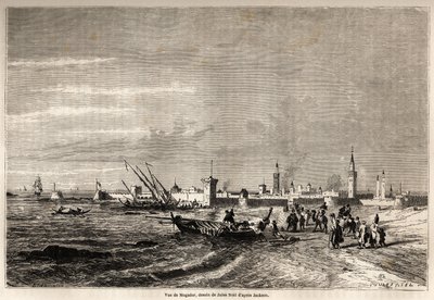 索维拉（原摩加多尔）的景色，由朱尔斯-诺埃尔（1810-1881）绘制，用于说明F.施克勒先生1860年的摩洛哥之旅。雕刻在 "世界之旅，新的旅行杂志 "巴黎。 作者 朱尔斯·阿奇里·诺埃尔（Jules Achille Noel）