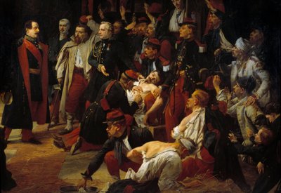 1859 年 5 月，拿破仑三世皇帝在 Voghere 的救护车上看望蒙特贝罗战役中的法国、皮埃蒙特和奥地利伤员 详情。朱尔斯-里戈（1810-1892 年）的画作，1859 年 巴黎，格雷斯山谷博物馆 作者 朱尔斯·阿尔弗雷德·文森特·里戈
