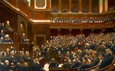 阿道夫-梯也尔（1797-1877）法国政治家，在凡尔赛的议院会议上被宣布为 "领土解放者" 作者 朱尔斯·阿森（后）卡尼尔