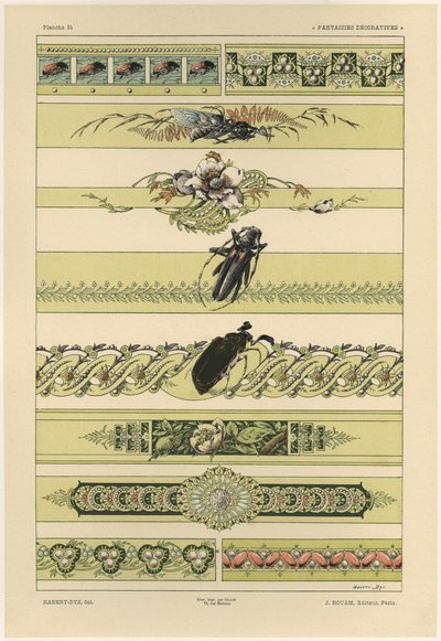 甲虫，来自&39;装饰幻想&39;的14号板，由Gillot雕刻，由Jules Rouam出版，巴黎Librairie de l&39;Art，1887年（彩色雕刻） 作者 朱尔斯·奥古斯特·哈伯特·戴斯