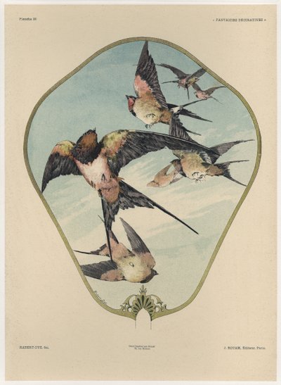 Fan，Plate 30来自&39;装饰幻想&39;，由Gillot雕刻，由Jules Rouam出版，Librairie de l&39;Art，巴黎，1887年（彩色版画） 作者 朱尔斯·奥古斯特·哈伯特·戴斯