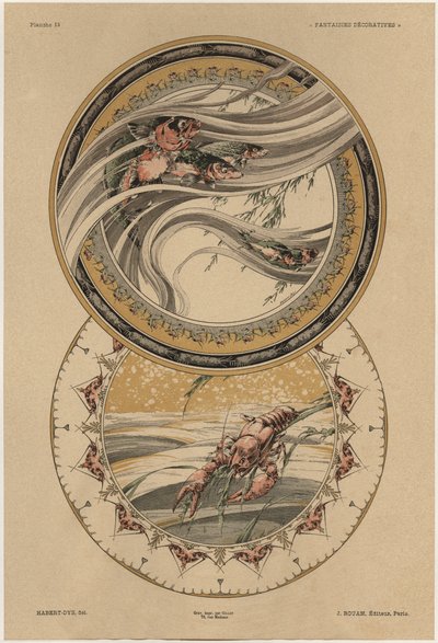 鱼类和龙虾，来自&39;Fantaisies装饰品&39;的13号板，由Gillot雕刻，由Jules Rouam出版，巴黎Librairie de l&39;Art，1887年（彩色雕刻） 作者 朱尔斯·奥古斯特·哈伯特·戴斯