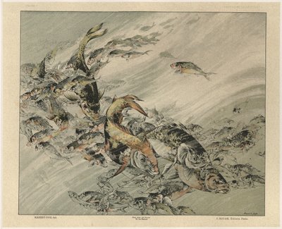 Gillot刻的“装饰幻想”中的鱼7，由Jules Rouam，巴黎艺术书店出版，1887年（彩色版画） 作者 朱尔斯·奥古斯特·哈伯特·戴斯