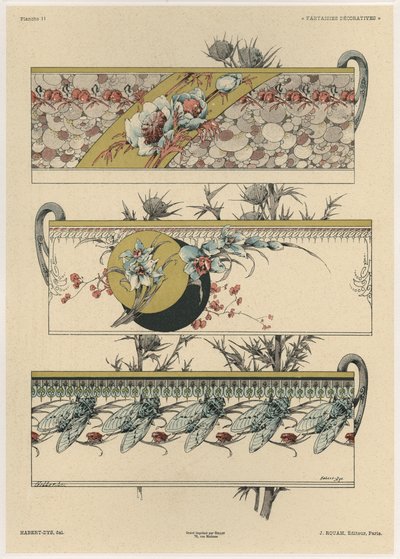 鲜花和苍蝇，来自&39;Fantaisies装饰品&39;的11号板，由Gillot雕刻，由Jules Rouam出版，巴黎Librairie de l&39;Art，1887年（彩色雕刻） 作者 朱尔斯·奥古斯特·哈伯特·戴斯
