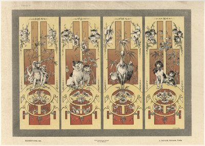 猴子，猫，苍鹭和狗，来自&39;Fantaisies装饰品&39;的板3，由Gillot雕刻，由Jules Rouam出版，Librairie de l&39;Art，巴黎，1887年（彩色雕刻） 作者 朱尔斯·奥古斯特·哈伯特·戴斯