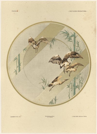 Storks，来自&39;Fantaisies装饰品&39;的10号板，由Gillot雕刻，由Jules Rouam出版，Librairie de l&39;Art，巴黎，1887年（彩色雕刻） 作者 朱尔斯·奥古斯特·哈伯特·戴斯