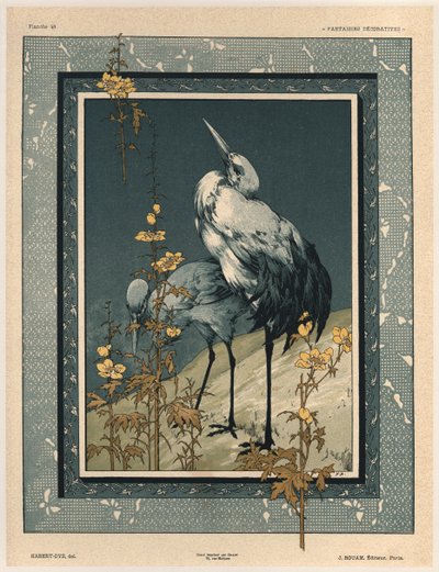 Storks，来自&39;Fantaisies装饰品&39;的40块板，由Gillot雕刻，由Jules Rouam出版，Librairie de l&39;Art，巴黎，1887年（彩色雕刻） 作者 朱尔斯·奥古斯特·哈伯特·戴斯