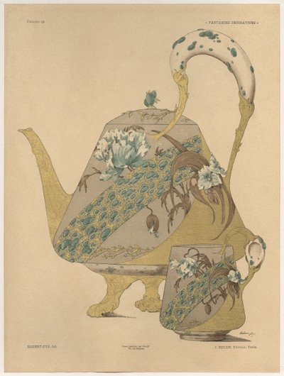 茶壶和杯子，来自&39;Fantaisies装饰品&39;的33号板，由Gillot雕刻，由Jules Rouam出版，巴黎Librairie de l&39;Art，1887年（彩色雕刻） 作者 朱尔斯·奥古斯特·哈伯特·戴斯