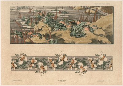 蟾蜍和鲜花，来自&39;Fantaisies装饰品&39;的板47，由Gillot雕刻，由Jules Rouam出版，Librairie de l&39;Art，巴黎，1887年（彩色雕刻） 作者 朱尔斯·奥古斯特·哈伯特·戴斯