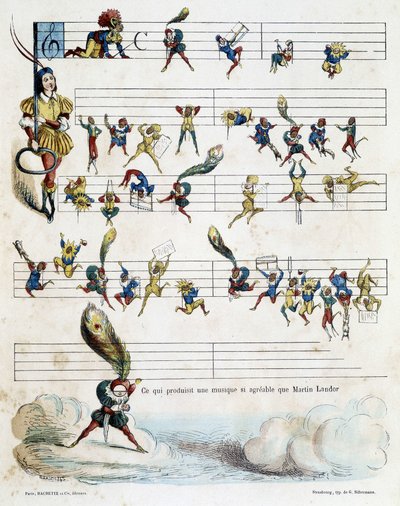 乐谱上的音符，巴里克绘制于 1862 年的图画，为克罗克诺茨基讲述马丁-兰多尔故事的儿童读物绘制插图。 作者 朱尔斯·巴里奇