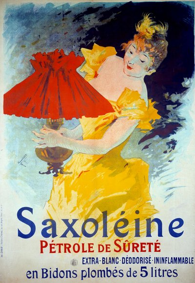 产品 "Saxoleine Petrole de surete "的广告海报。一个女人在灯里放油。Jules Cheret（1836-1932）制作的安全灯油 "Saxoleine "广告海报。 作者 朱尔斯·切雷特（Jules Cheret）