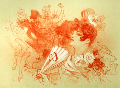 At the ball - drawing (sanguine) by Jules Cheret (1836 - 1932) - young women and dancers - dance - private collection - 作者 朱尔斯·切雷特（Jules Cheret）