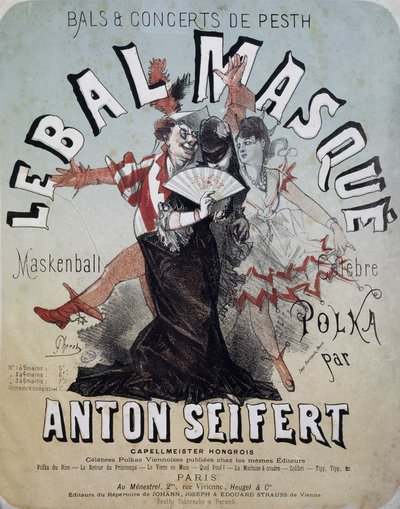 Pesth 的舞会和音乐会：蒙面舞会（Maskenball，Anton Seifert 著名的波尔卡舞曲） - Jules Cheret 的海报，未注明日期 作者 朱尔斯·切雷特（Jules Cheret）