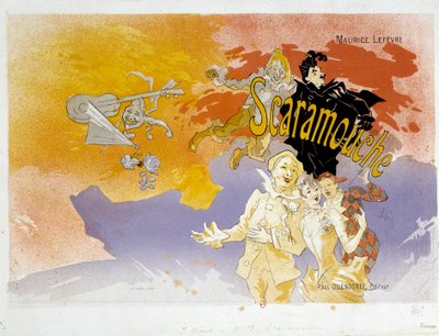莫里斯-勒费弗尔的《Scaramouche》书籍封面。Jules Cheret (1836-1932)的插图 1891年 巴黎，B.N. 作者 朱尔斯·切雷特（Jules Cheret）