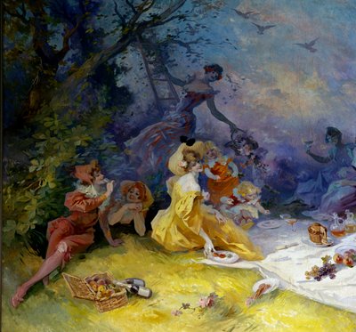 Breakfast on the grass Scene of a country picnic. Detail. Painting by Jules Cheret (1836-1932) 20th century Nice, Musee Cheret 作者 朱尔斯·切雷特（Jules Cheret）