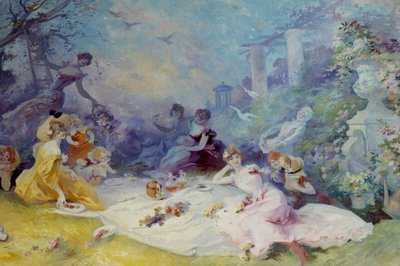 草地上的早餐 乡村野餐的场景。 Jules Cheret (1836-1932) 绘画 20 世纪尼斯，Musee Cheret 作者 朱尔斯·切雷特（Jules Cheret）