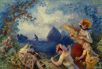 La Terre Allegorie，表现年轻妇女在丰收的背景下拿着麦靴。朱尔斯-谢雷（1836-1932）的挂毯纸盒 20世纪 尼斯，谢雷博物馆 作者 朱尔斯·切雷特（Jules Cheret）