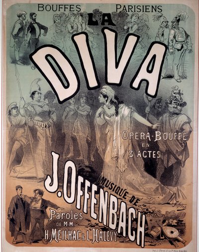 由雅克-奥芬巴赫（1819-1880）在巴黎布费斯为歌剧 "Diva "配乐的海报。 作者 朱尔斯·切雷特（Jules Cheret）