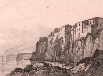 意大利坎帕尼亚托夸托-塔索故居所在的索伦托风景，Sauvage 根据 Jules Coignet（1798-1860 年）的素描绘制的钢板雕刻，约 13x10 厘米 作者 朱尔斯·柯尼特（Jules Coignet）