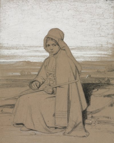 坐着的牧羊女，1800年代。 作者 Jules Dupré