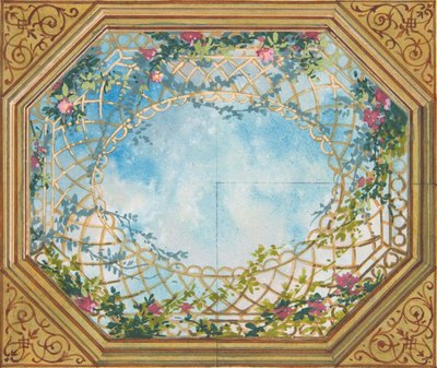 画有云彩、花架和玫瑰的天花板设计，19世纪下半叶。创作人：朱尔-埃德蒙德-查尔斯-拉夏兹，欧仁-皮埃尔-古尔代。 作者 Jules Edmond Charles Lachaise 和 Eugene Pierre Gourdet
