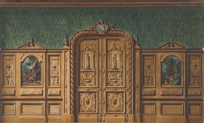 镶嵌有绘画的木板和厚重雕刻的双门的房间设计，1830-97。创作人。朱尔-埃德蒙德-查尔斯-拉夏兹，欧仁-皮埃尔-古尔代。 作者 Jules Edmond Charles Lachaise 和 Eugene Pierre Gourdet
