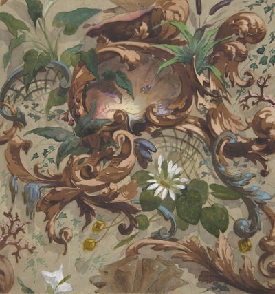 以贝壳、睡莲和香蒲为主题的墙纸设计，1830-97年。创作人：朱尔-埃德蒙德-查尔斯-拉夏兹，欧仁-皮埃尔-古尔代。 作者 Jules Edmond Charles Lachaise 和 Eugene Pierre Gourdet