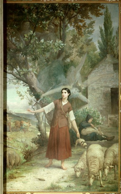 圣女贞德 (1412-1431) 13 岁时在她位于洛林的家乡 Domremy 饲养她父亲的羊 儒勒·列内普 (Jules Lenepveu) 的画作 (1819-1898) 19 世纪巴黎，万神殿 作者 朱尔斯·尤金·勒内普韦